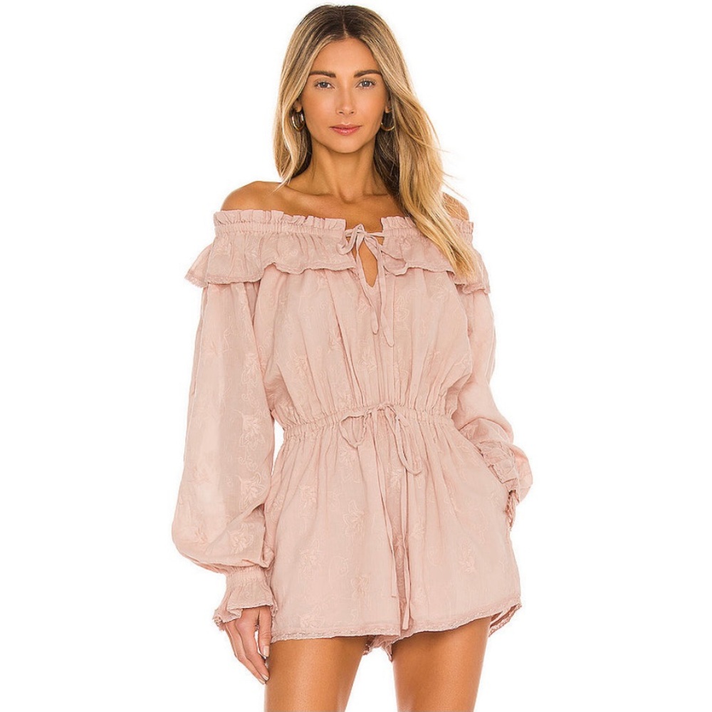 NEW! Revolve Tularosa Kai Floral Embroidered Ruffle Off-the-Shoulder Romper